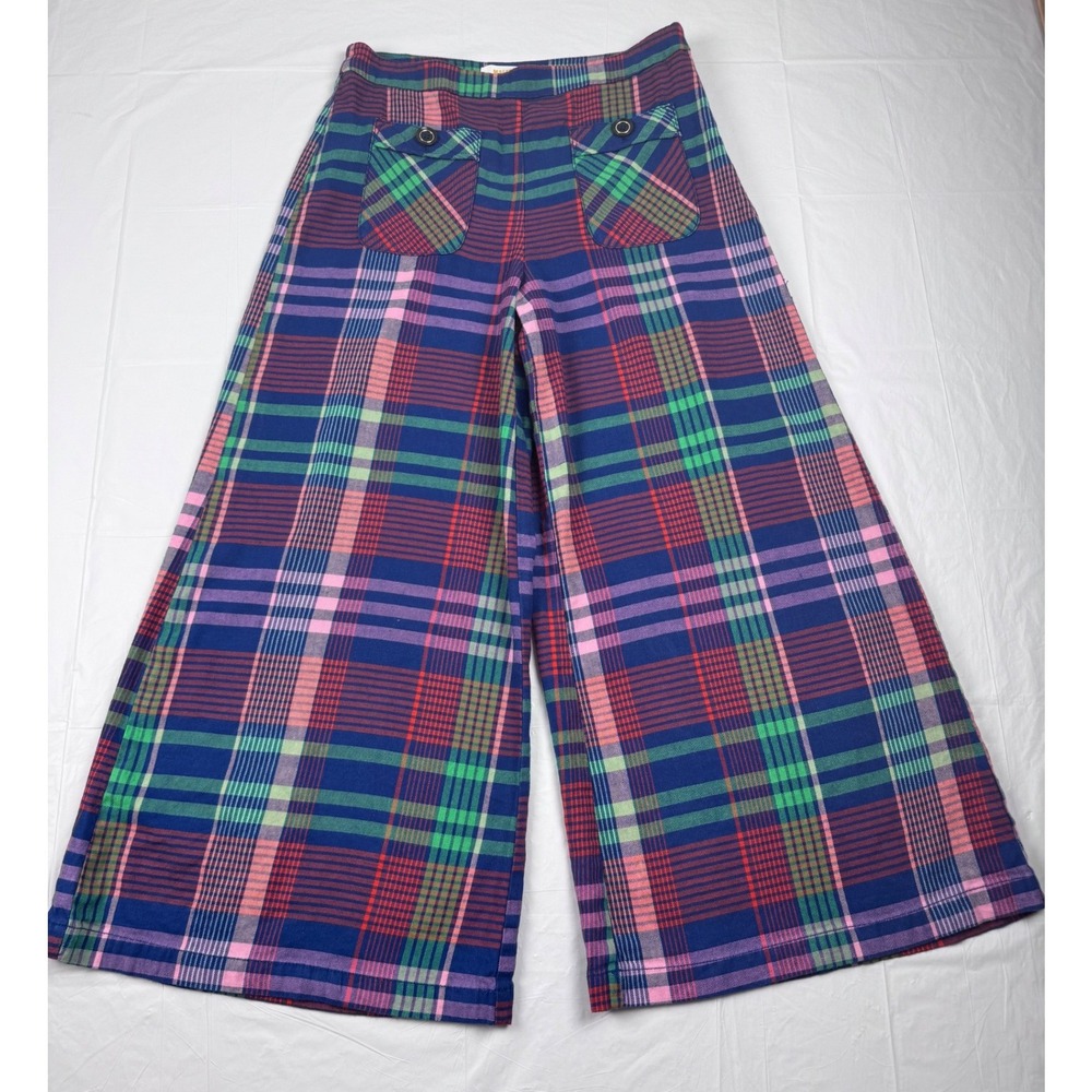 Maeve Anthropologie Womens Plaid Wide Leg Pants Blue Pink Green Size 6 Flare